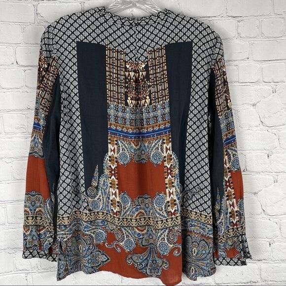 TRIBAL JEANS women's longsleeve top boho mixed print tassel peasant style size S - Picture 2 of 11